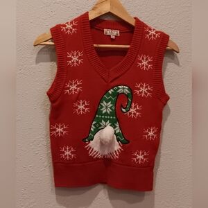 Ugly Sweater Vest Festive Red Knit Sweater Vest with Gnome Design